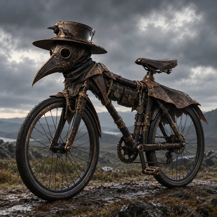 The Plaguebike on a stormy moor: a brass and leather bicycle whose front end is a plague doctor's beaked mask and wide hat, with a raven on the brim