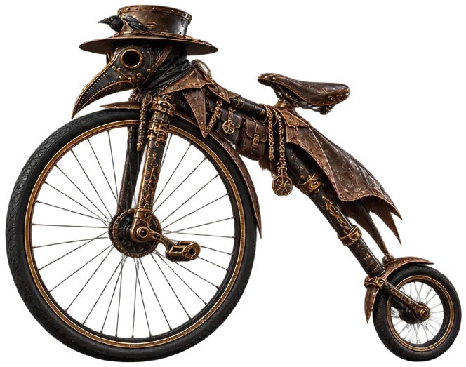 The Plaguebike as a penny-farthing with one huge wheel and one tiny wheel