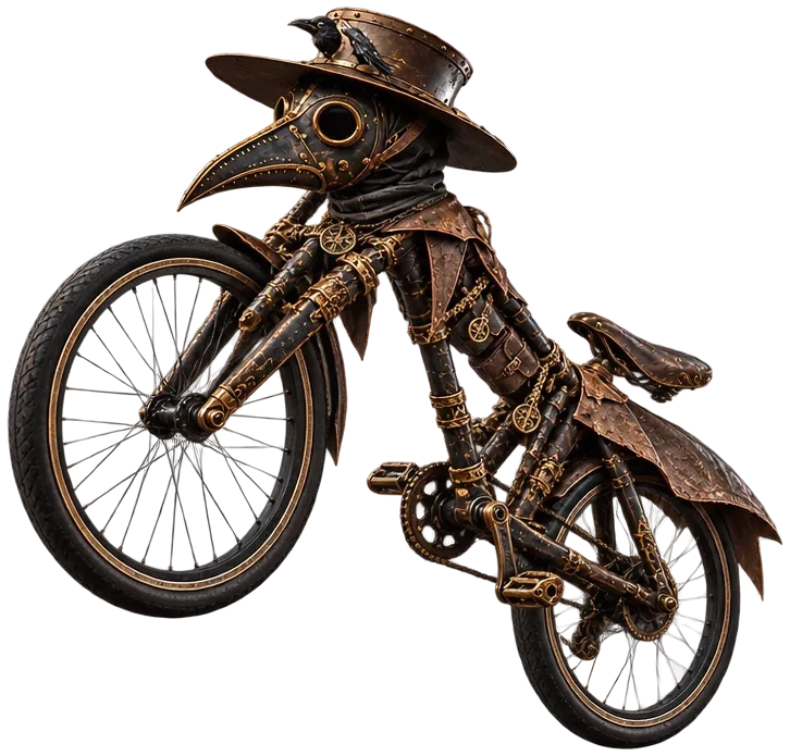 The Plaguebike rearing up on its back wheel
